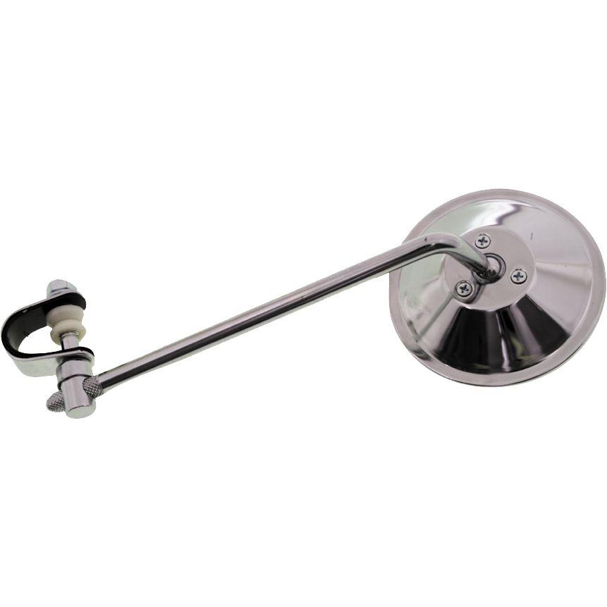 The Round Clamp-On Mirror Silver 4 by EMGO is a metal inspection mirror with a long handle and adjustable mount, ideal for viewing hard-to-see areas in automotive or mechanical work.