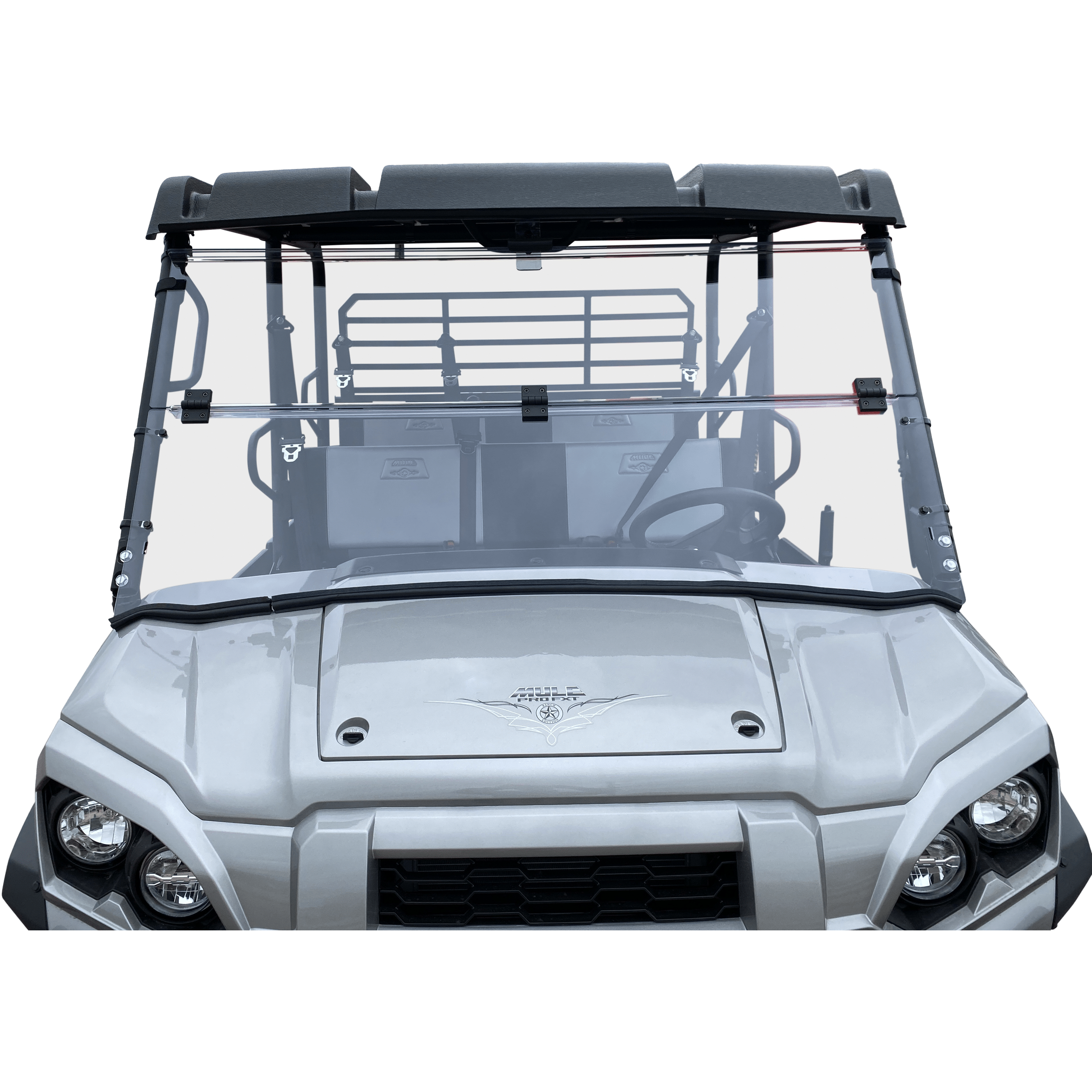 Front view of a gray UTV featuring the Folding Windshield by Open Trail, designed for optimal airflow and water intrusion prevention. Seats, steering wheel, rugged build, and a protective metal rack are visible behind the seats.