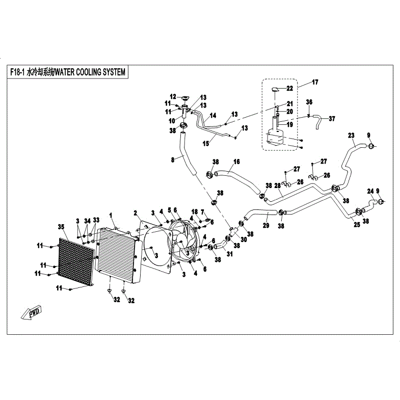 An Image of a Genuine CFMOTO Parts Schematic Diagram showing the schematic - WATER COOLING SYSTEM - 2018 CFMOTO UFORCE 800