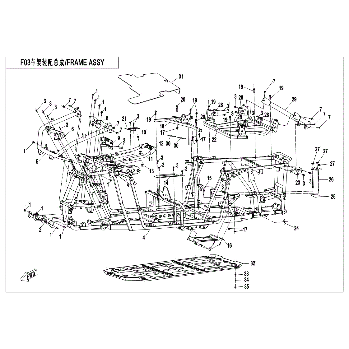 An Image of a Genuine CFMOTO Parts Schematic Diagram showing the schematic - FRAME ASSY - 2017 CFMOTO ZFORCE 500