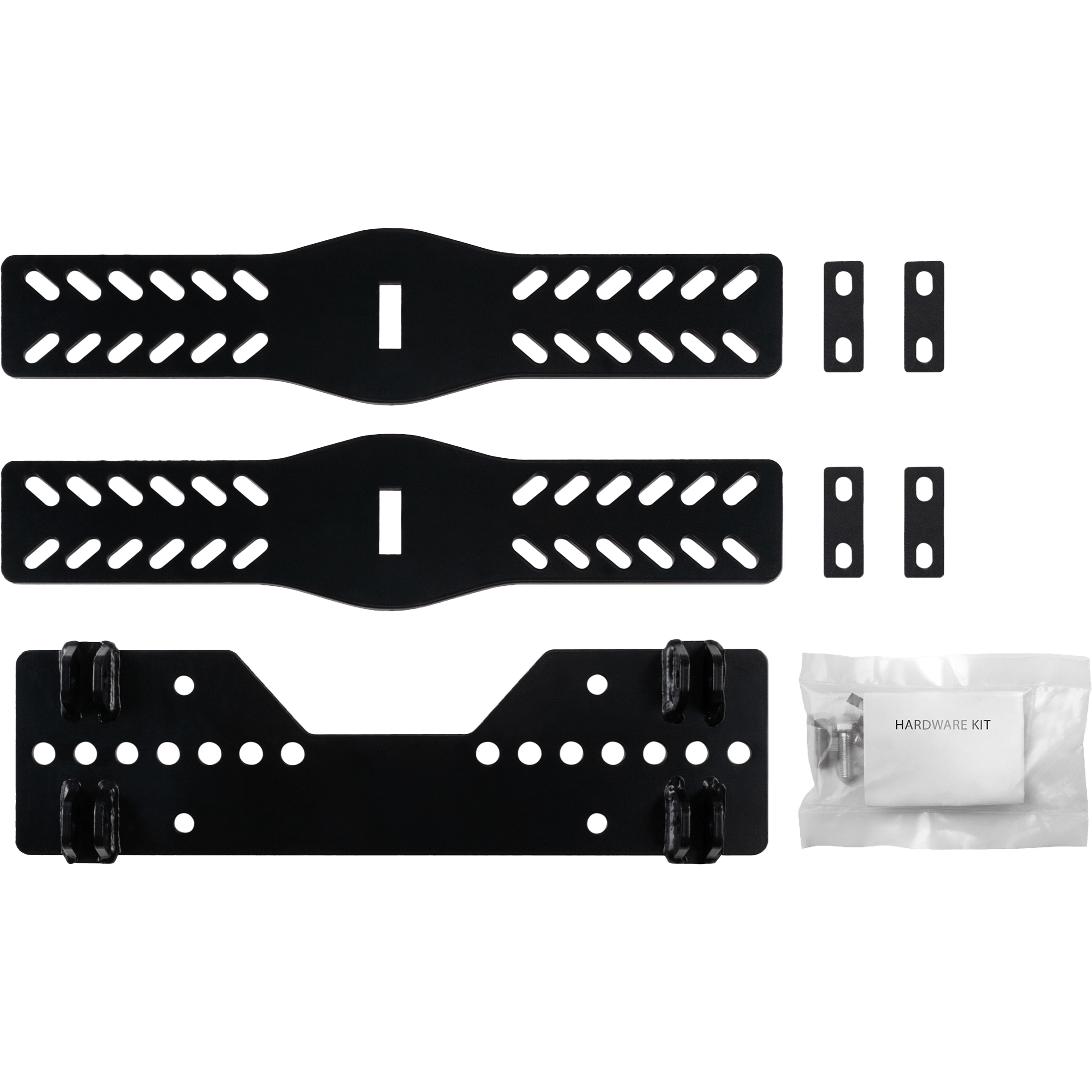 The ATV Plow Mount Universal by Open Trail includes black metal mounting brackets with multiple holes, four small black rectangular pieces, and a clear Hardware Kit bag with screws and fasteners, all displayed on a white background.