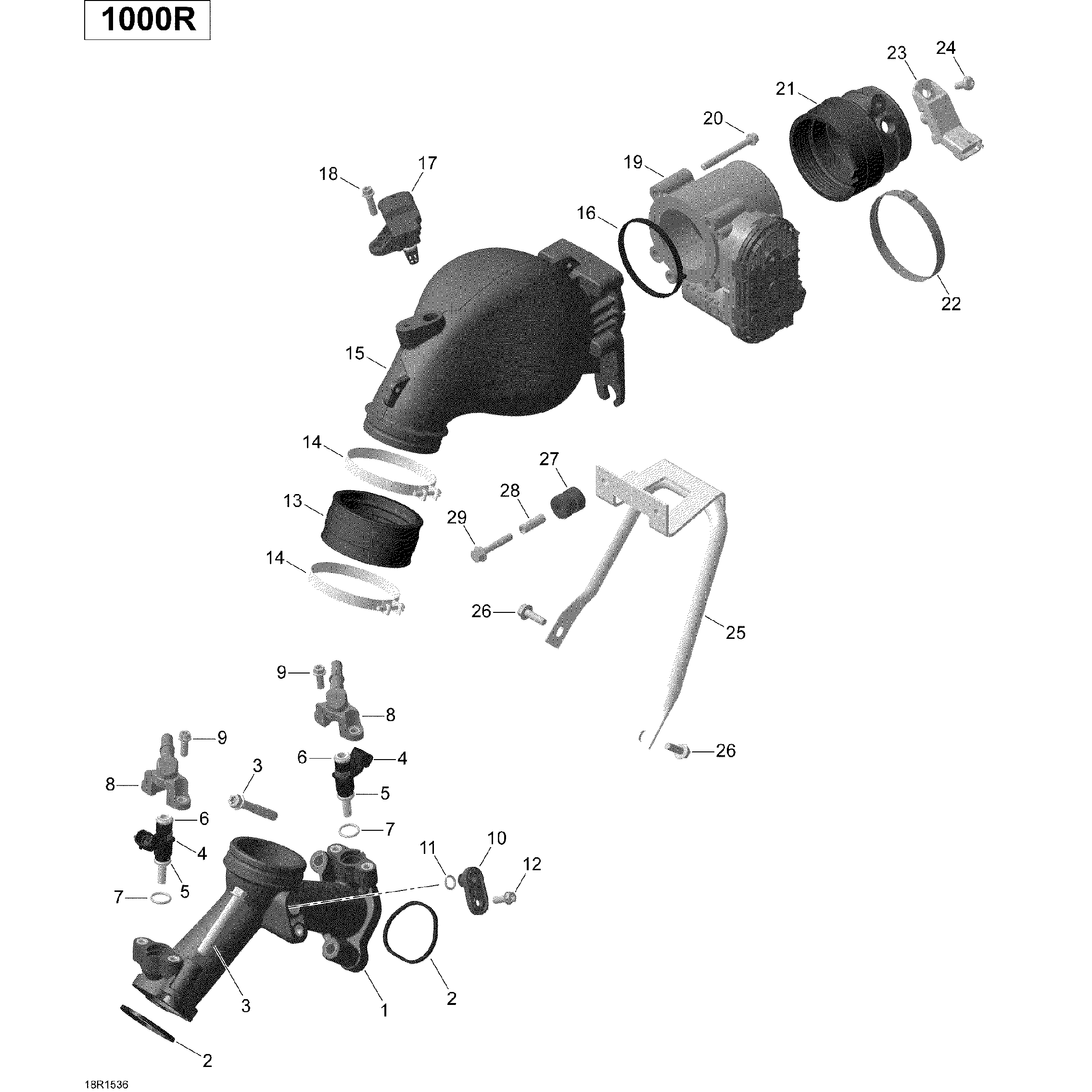 An Image of a Genuine Can-Am Parts Schematic Diagram showing the schematic - AIR INTAKE MANIFOLD AND THROTTLE BODY TURBO _18R1536