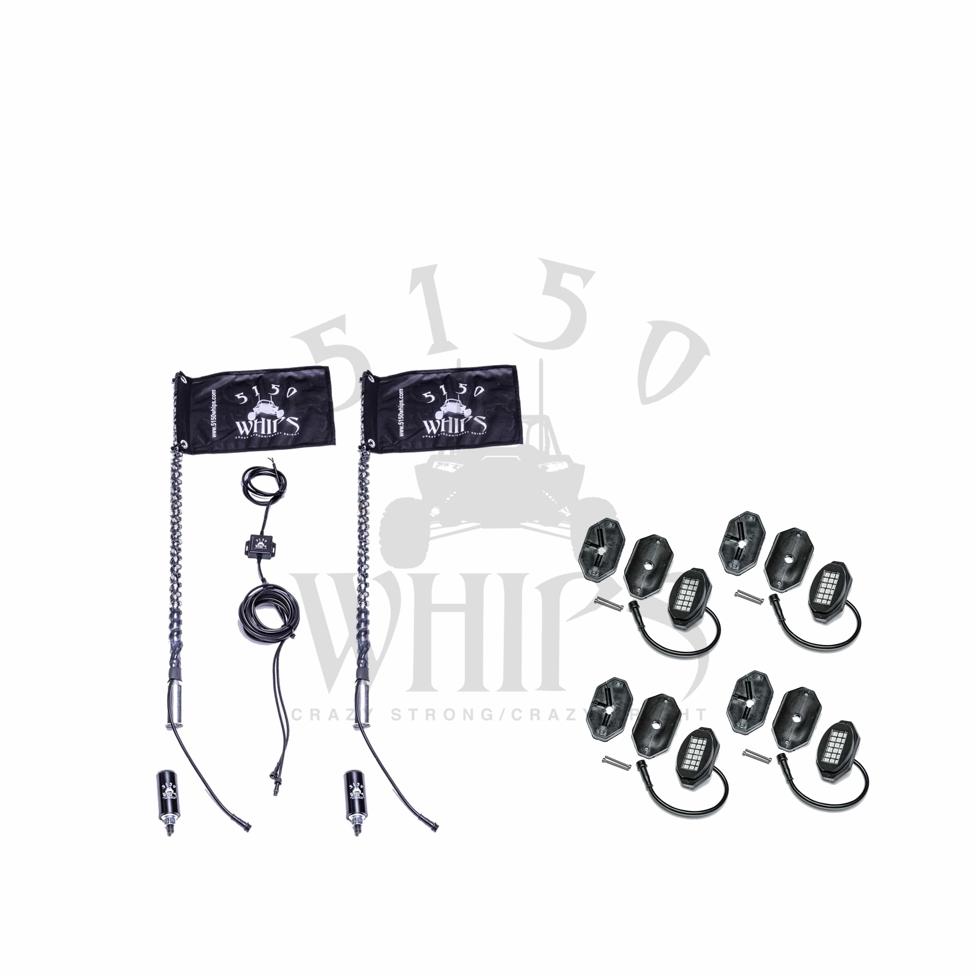 The 187 Whips and Rock Light Combo Kit by 5150 Whips includes LED whip lights with wiring, remote controls, mounting hardware, eight black mounts, and a Magnetic Quick Release system, all shown on a white background.