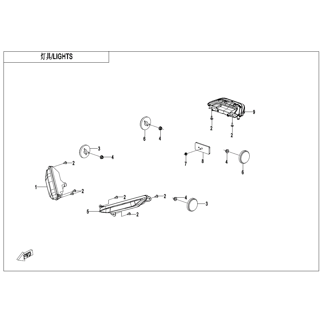 An Image of a genuine CFMOTO Parts Schematic Diagram showing the group - LIGHTS - 2024 CFMOTO CFORCE 110