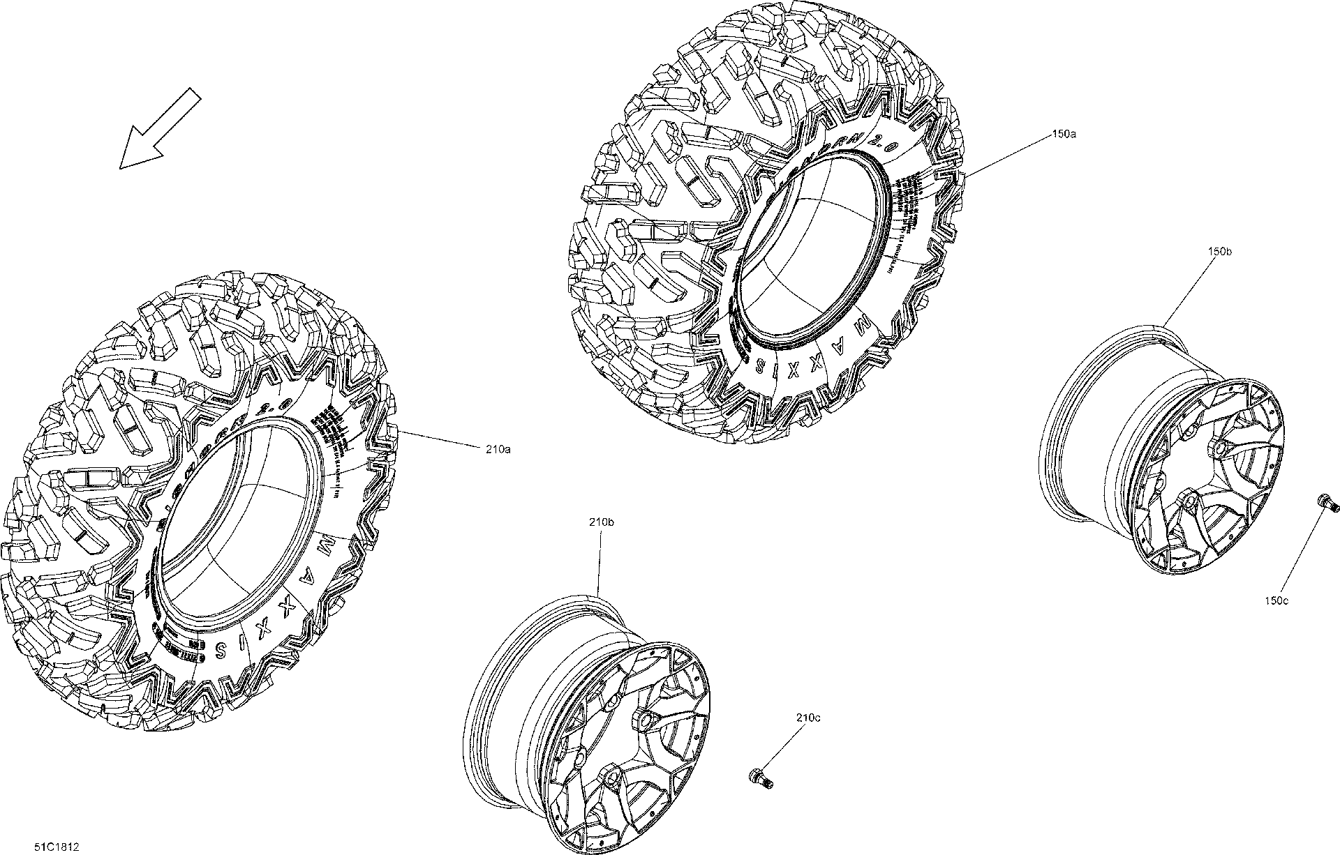 An Image of a Genuine Can-Am Parts Schematic Diagram showing the schematic - WHEELS AND TIRES DEFENDER - PACKAGE CAB