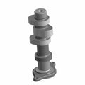 Gray metal camshaft with multiple lobes and a mounting flange at the base.