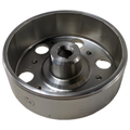 Silver metal flywheel with circular cutouts and central threaded hub, polished finish.