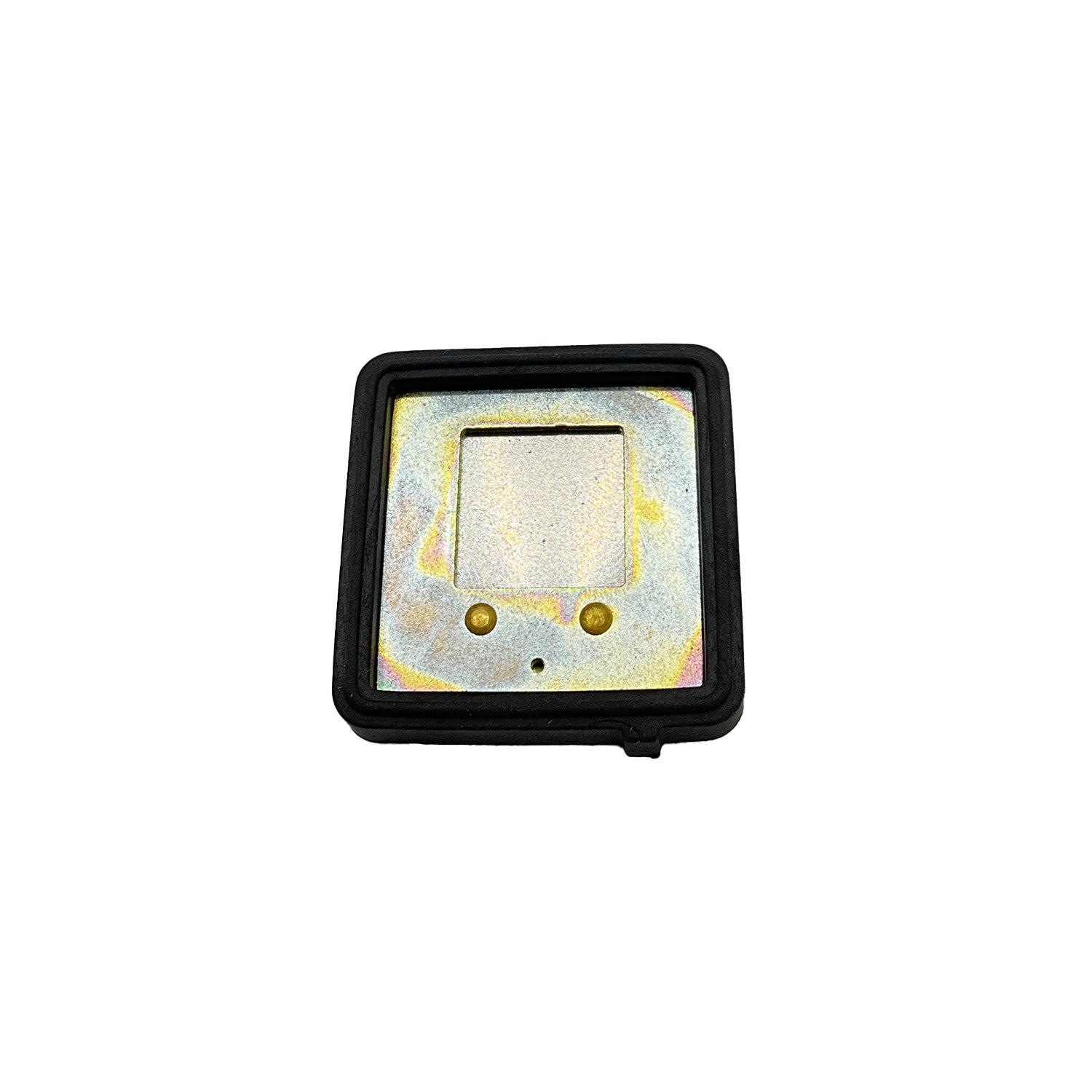 Square metal reed valve with black rubber gasket and three brass mounting holes.