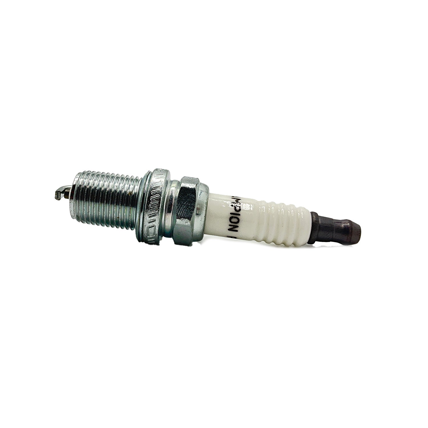 Silver metal and white ceramic spark plug with threaded end and electrode tip.