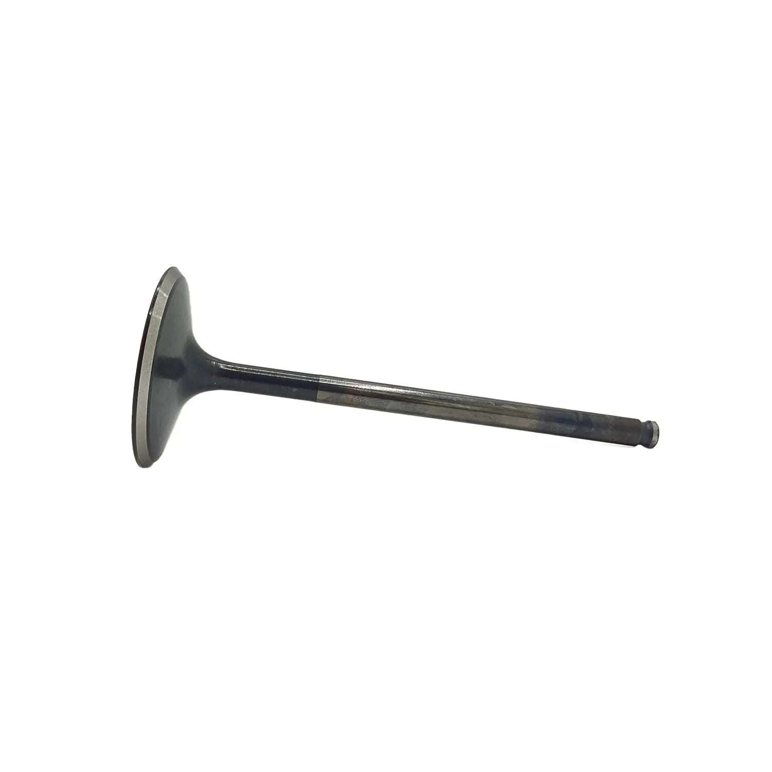 Metal intake valve with flat circular head and long narrow stem for motorcycle engine.
