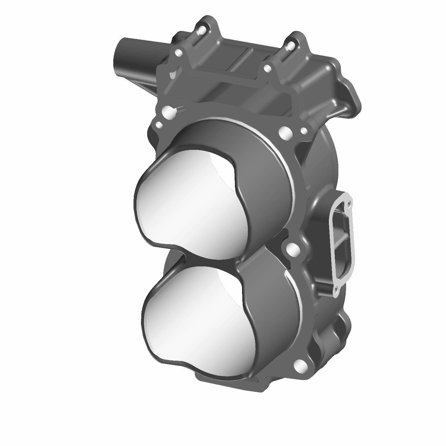 Gray metal 2-cylinder head with rounded combustion chambers and multiple mounting points.