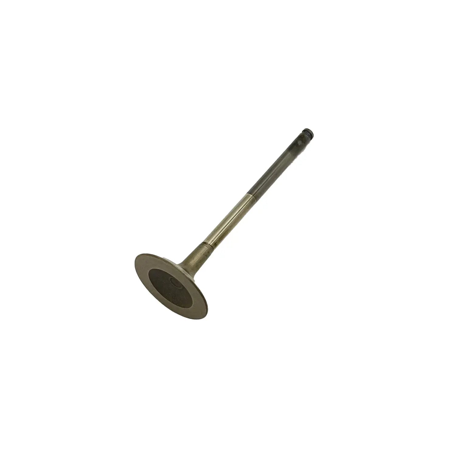 Metal exhaust valve with flat circular head and long cylindrical stem for engines.