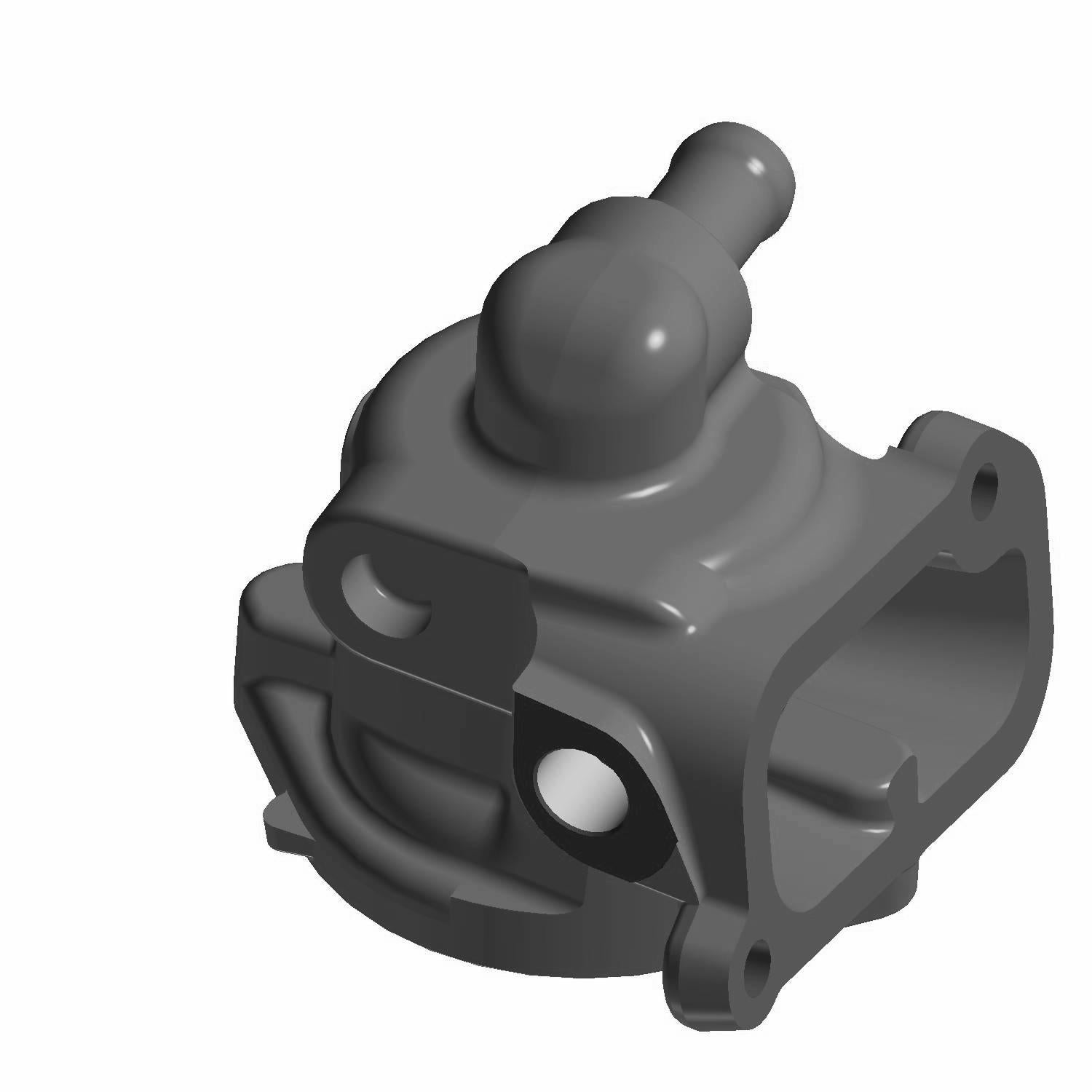 Compact gray plastic thermostat housing with rounded top and mounting flanges for Polaris UTV engines.