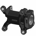 Black metal cam carrier with four mounting holes and a cylindrical opening for pin installation.