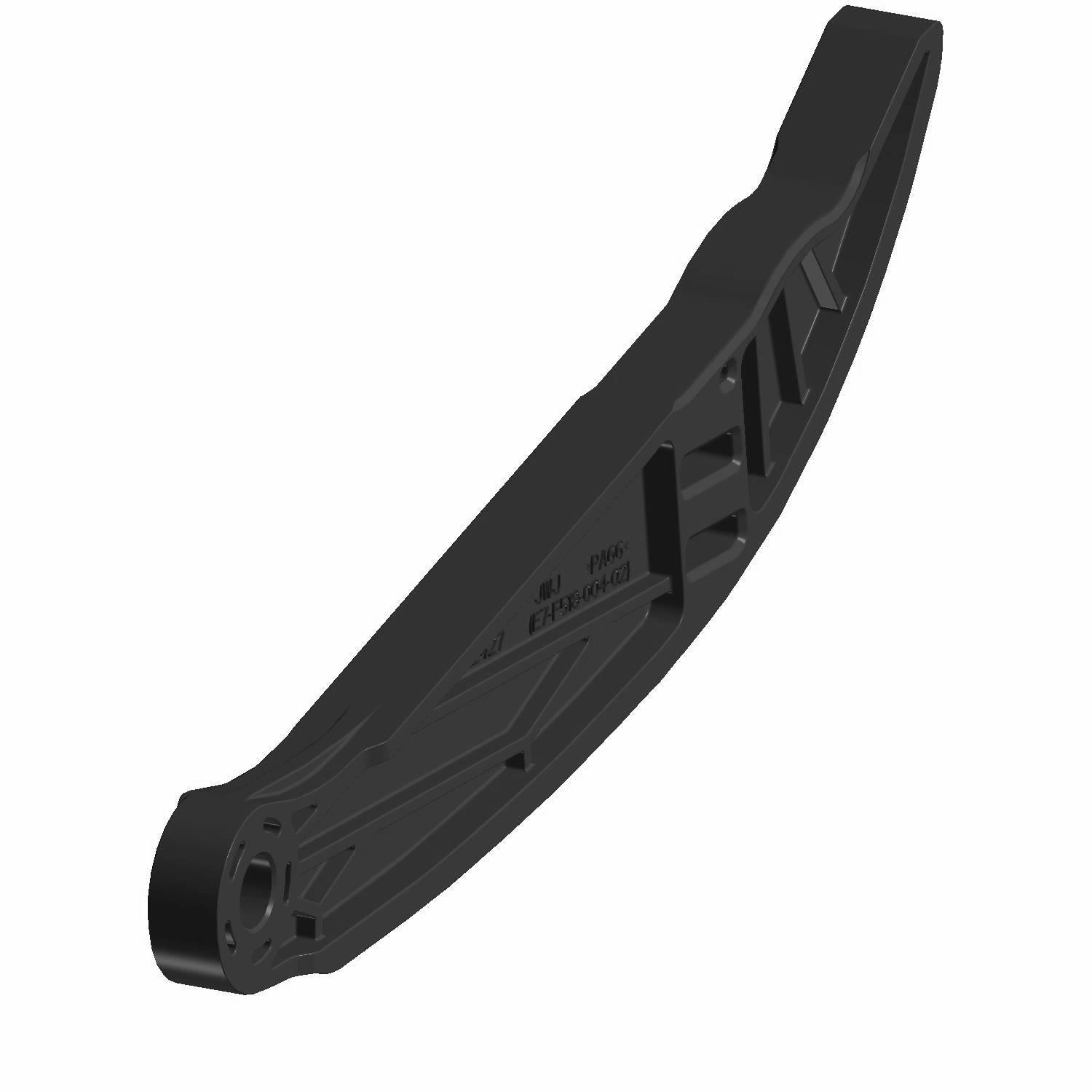 Black curved plastic camchain tensioner guard with ribbed reinforcement and mounting holes.