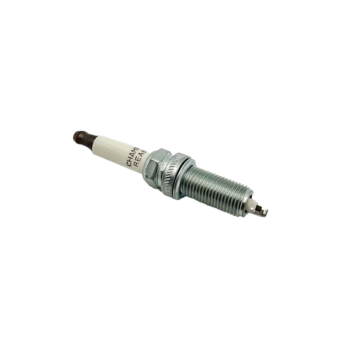 Silver metal spark plug with white ceramic insulator and threaded body for Polaris ATV engines.