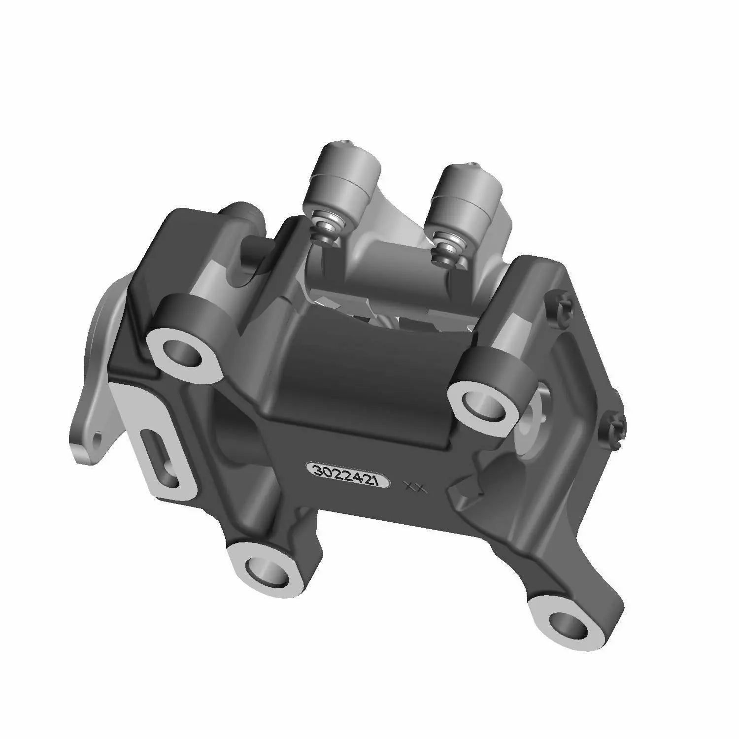 Black and silver metal front cam carrier with mounting holes and cylindrical features.