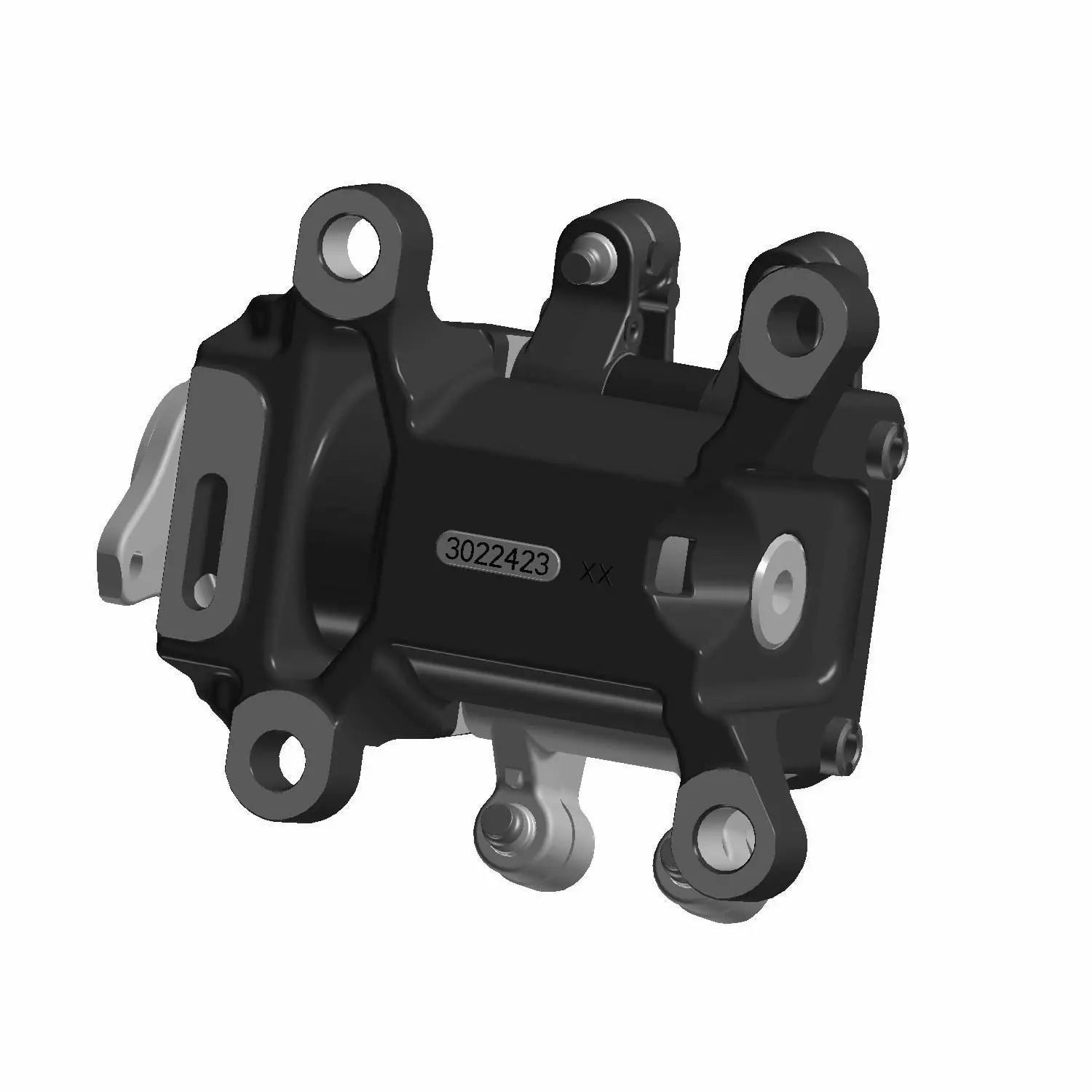 Black metal Polaris rear cam carrier with mounting holes and part number engraving.