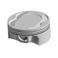 Silver metallic motorcycle piston with smooth top surface and grooves along the sides.