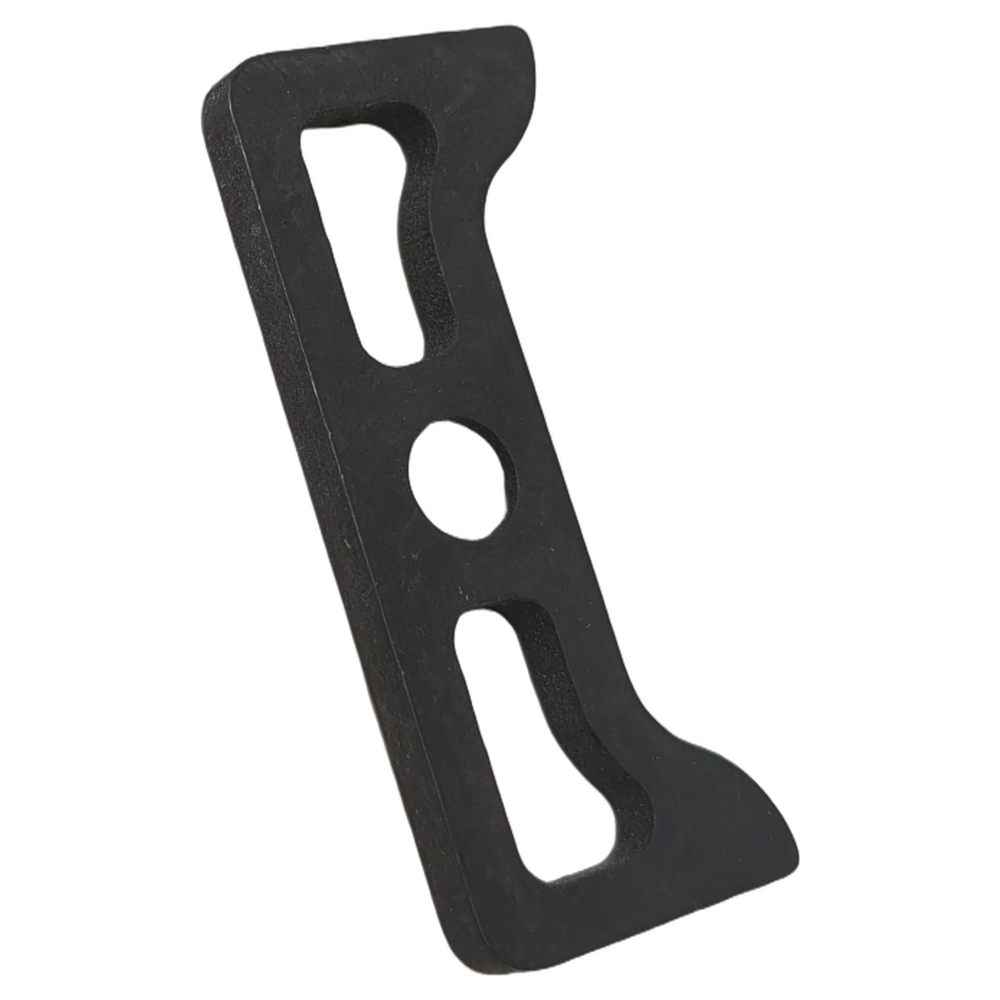 Black metal retainer cam follower with angular shape and multiple cut-out holes.