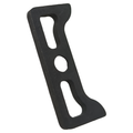 Black metal retainer cam follower with angular shape and multiple cut-out holes.