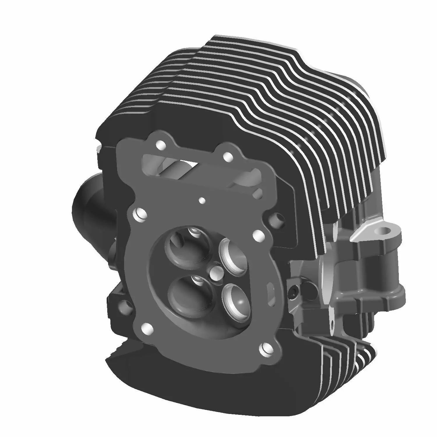 Black metal motorcycle engine head cylinder with cooling fins and multiple circular ports.