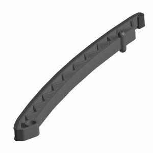 Black curved plastic cam drive guide with ridged inner surface and mounting pegs.