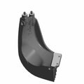 Black curved metal exhaust shield with mounting bolts and a silver attachment plate.