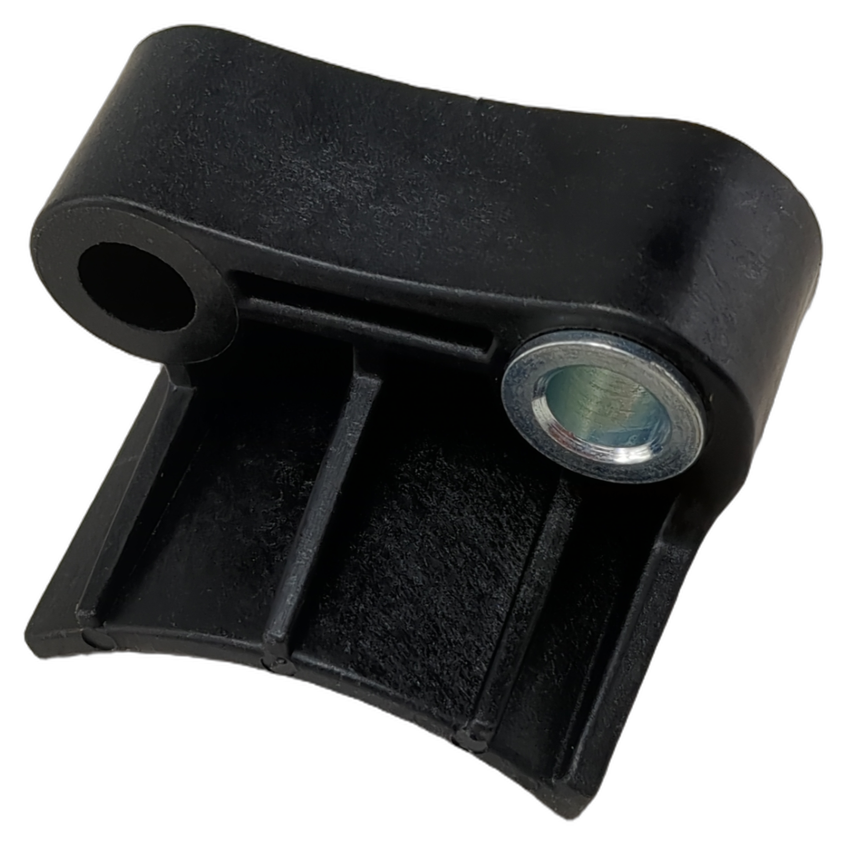 Black molded plastic cam chain tensioner guide with metal bushing and ribbed support structure.