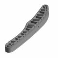 Gray curved tensioner chain guide with ribbed reinforcement and mounting holes.