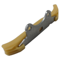 Curved cam chain tensioner guide with yellow plastic ends and central silver metal bracket.