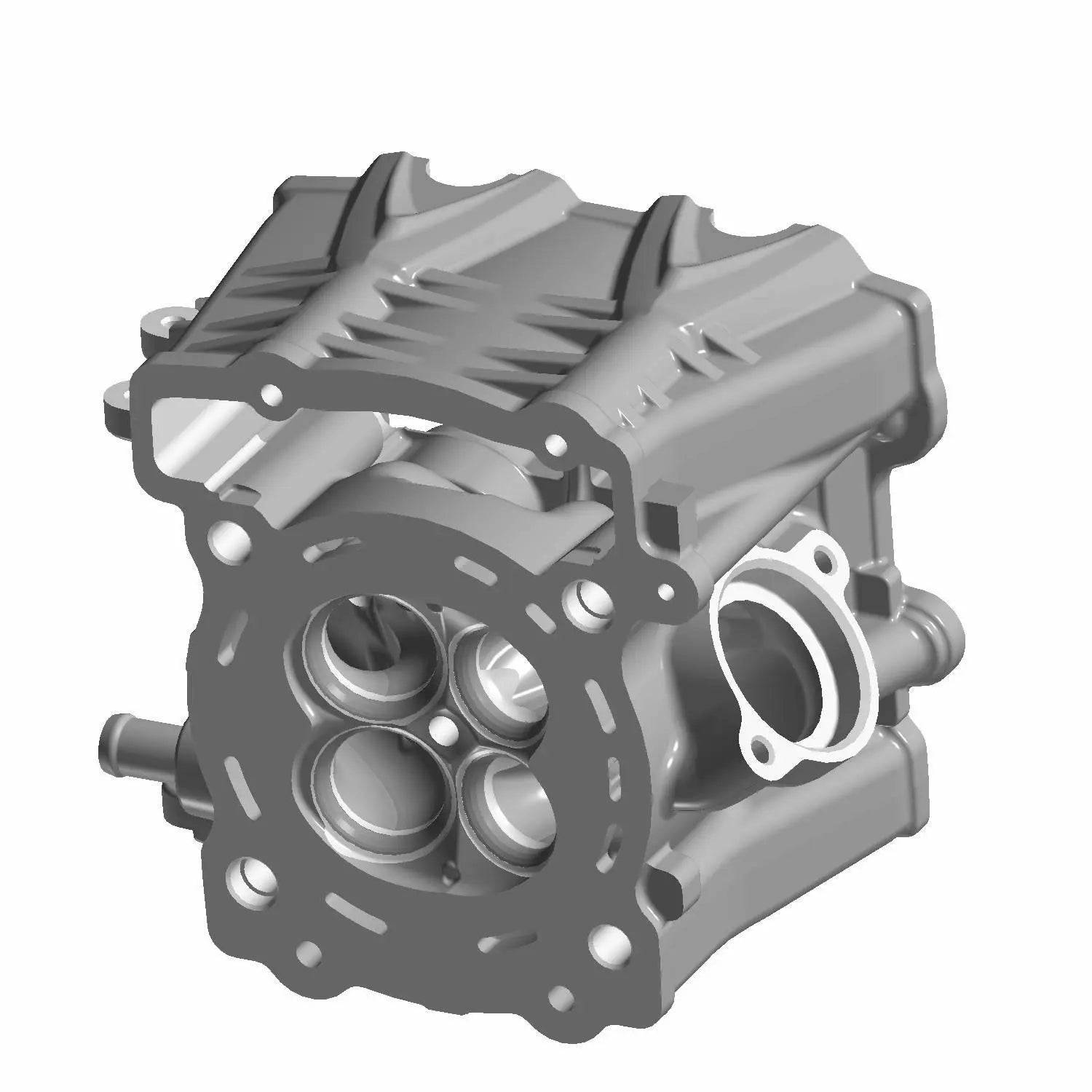 Silver metal motorcycle front head cylinder with four circular combustion chambers and cooling fins.