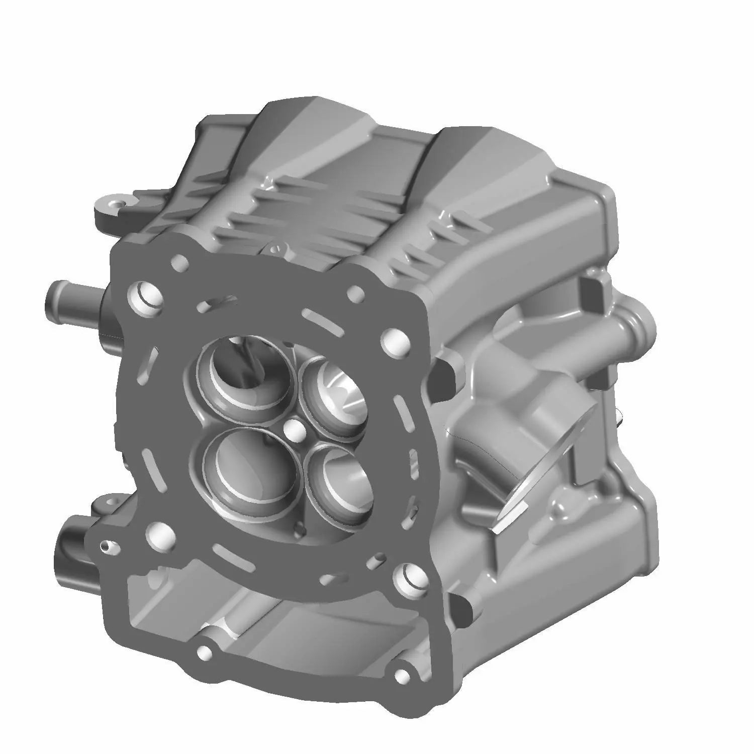 Gray metal rear cylinder head with three circular valve openings and cooling fins.