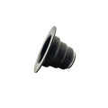 Black rubber valve stem spring seat seal with tapered cylindrical shape and flanged base.