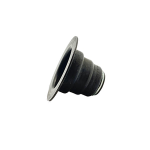 Black rubber valve stem spring seat seal with tapered cylindrical shape and flanged base.