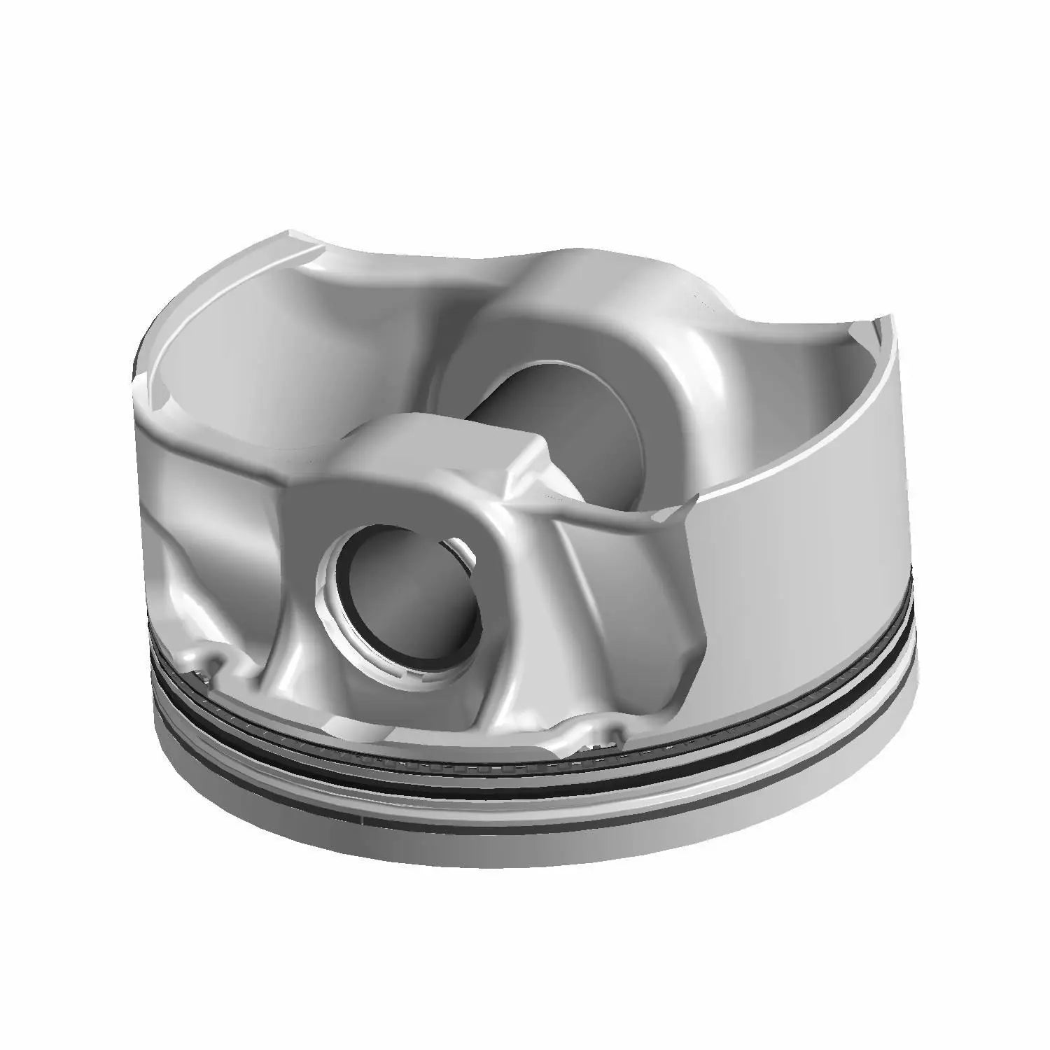 Silver metallic motorcycle piston with smooth curved surfaces and a central hole for connecting rod attachment.