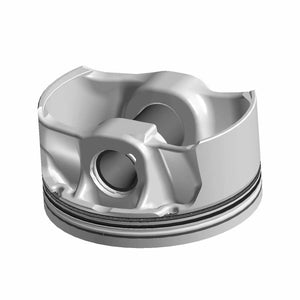 Silver metallic motorcycle piston with smooth curved surfaces and a central hole for connecting rod attachment.
