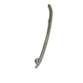 Curved gray plastic cam chain tensioner guide with mounting hole and textured surface.