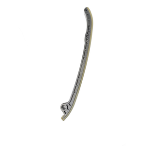 Curved gray plastic cam chain tensioner guide with mounting hole and textured surface.