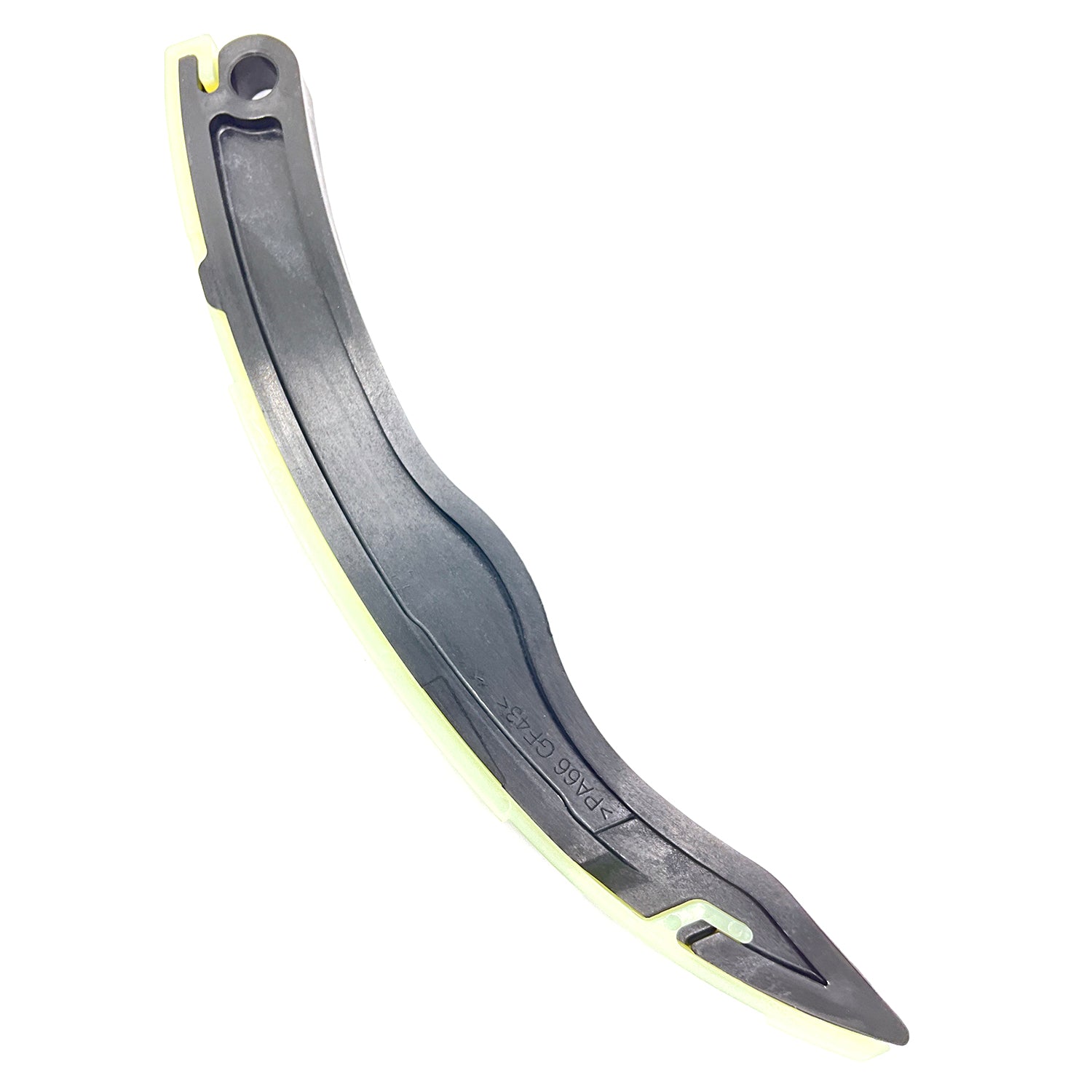 Black curved plastic camchain guide with mounting hole and hook detail.
