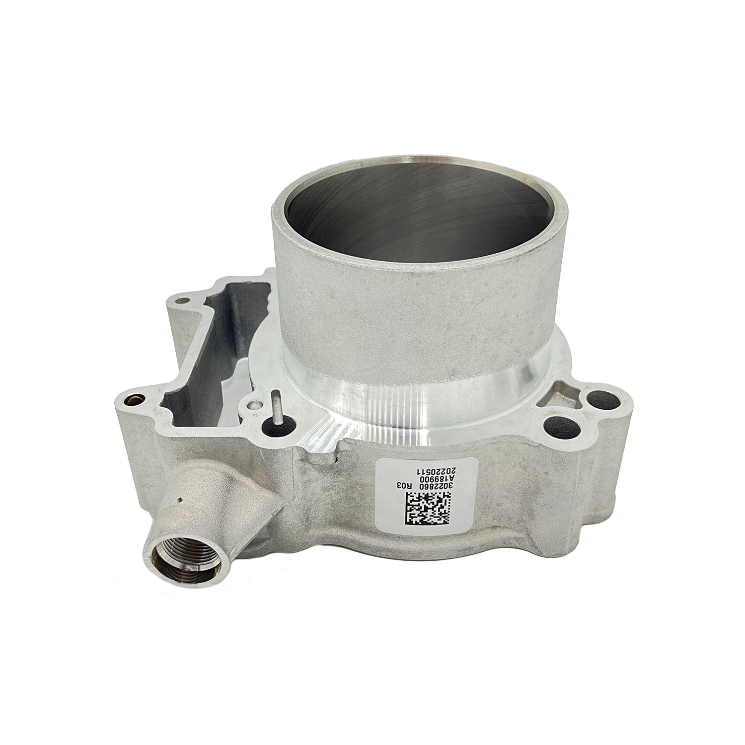Silver metal cylinder head with 99mm bore and mounting holes, designed for Polaris engines.