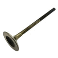 Metal exhaust valve with a flat circular head and a long cylindrical stem, showing wear and discoloration.