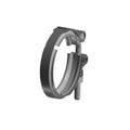 Black and gray circular Vband clamp intake with hinged latch and securing pin mechanism.