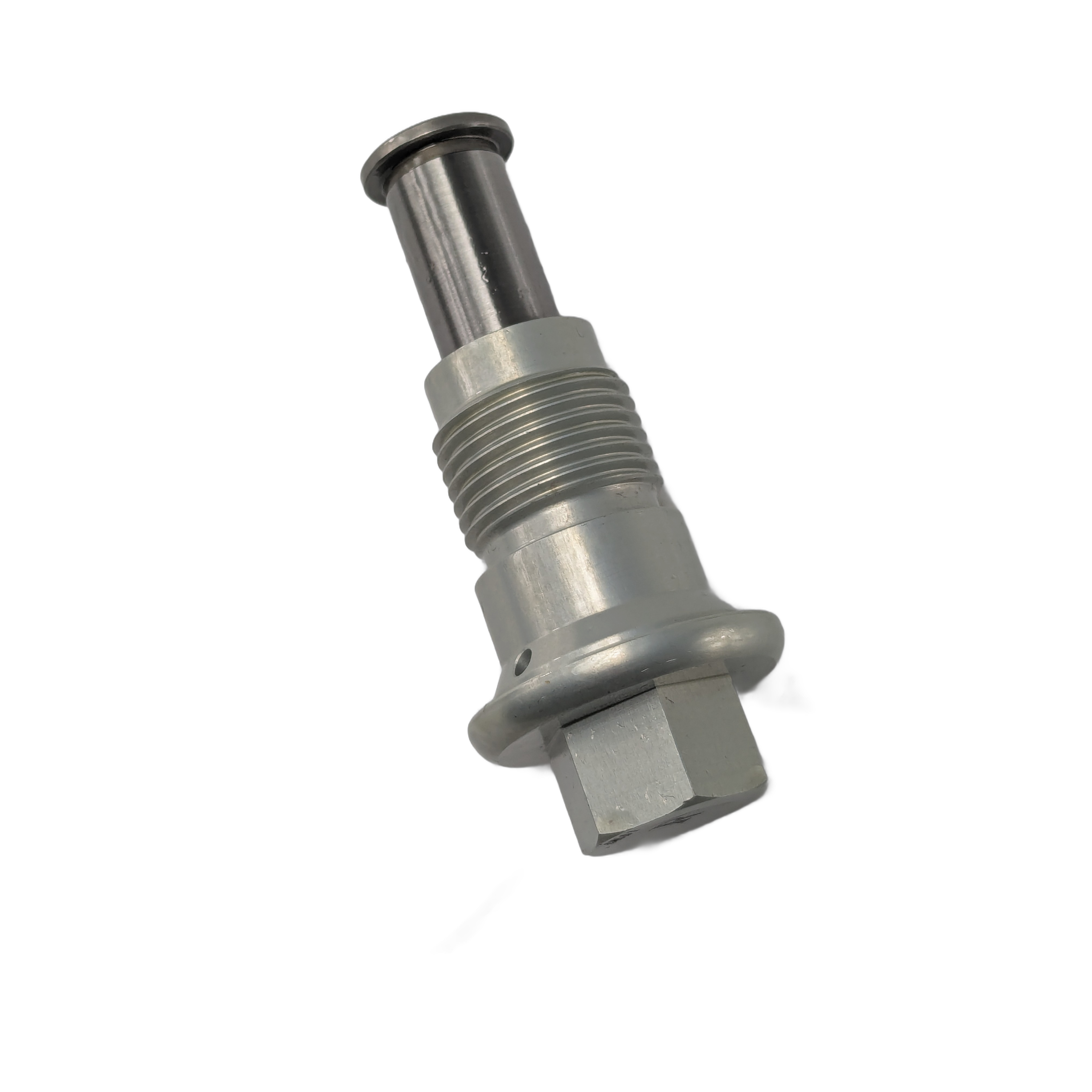 Silver metal hydraulic tensioner with hexagonal base and cylindrical upper section.