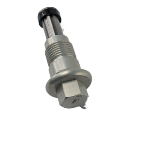 Silver metal hydraulic front assembly tensioner with hexagonal bolt head marked "F" and grooved cylindrical body.