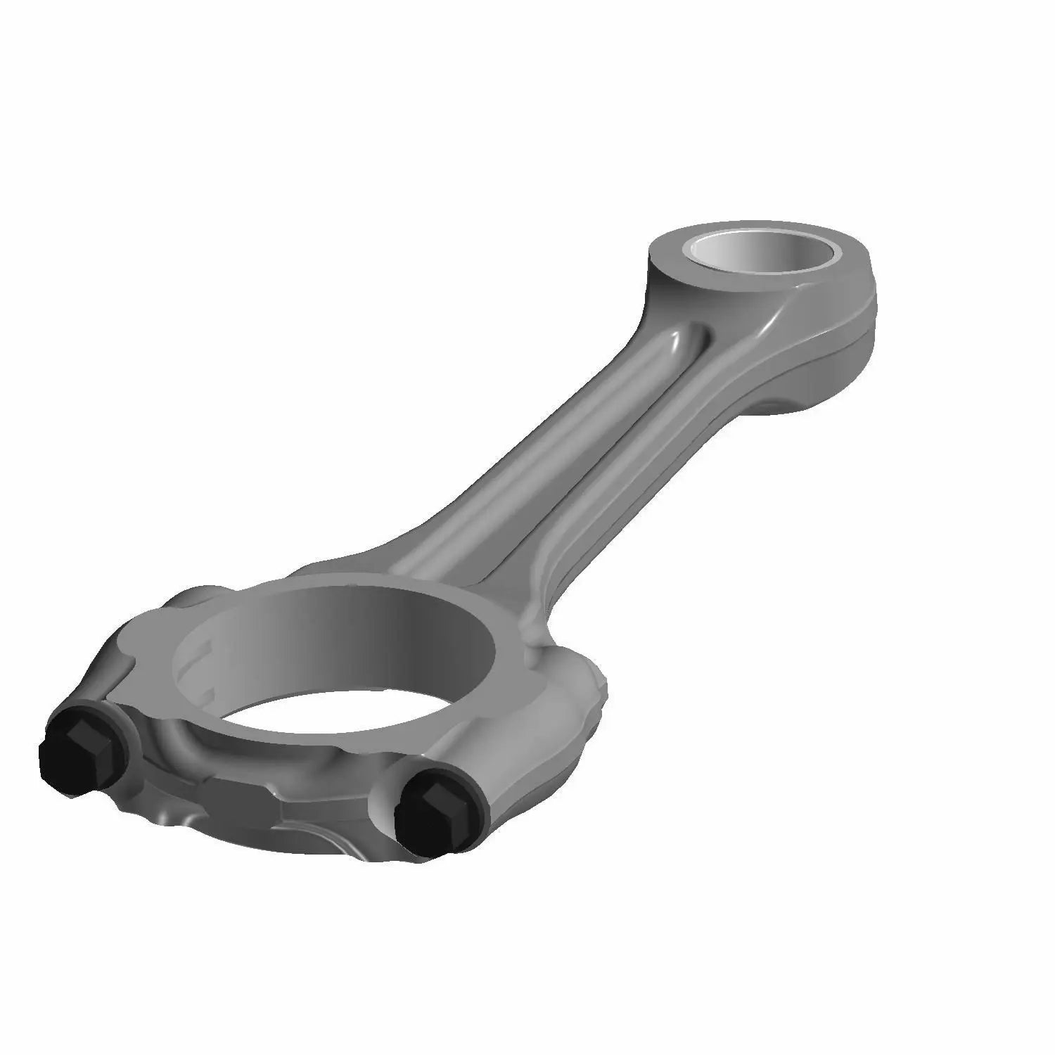 Silver-gray metal connecting rod with a smooth, solid build and circular openings at each end.