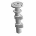 Silver metal exhaust camshaft with lobed cylindrical design and mounting hole on top.