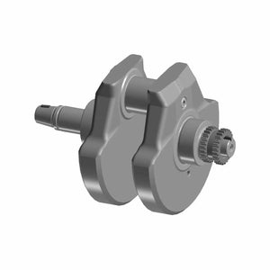 Metal crankshaft with gear teeth on one end and smooth shaft on the other, designed for motorcycle engines.