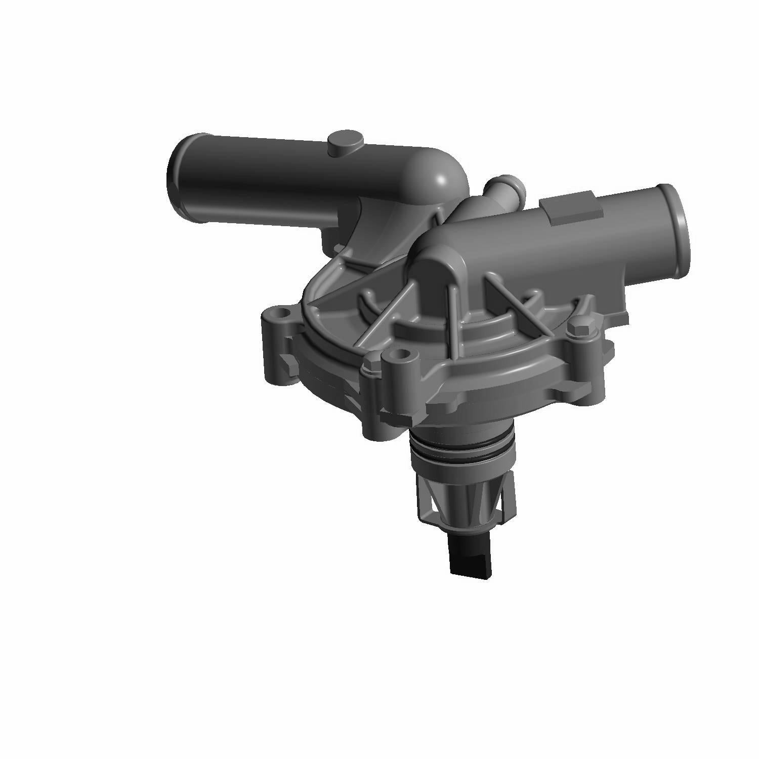 Black plastic water pump for Polaris Ranger with angled inlet and outlet tubes and mounting points.