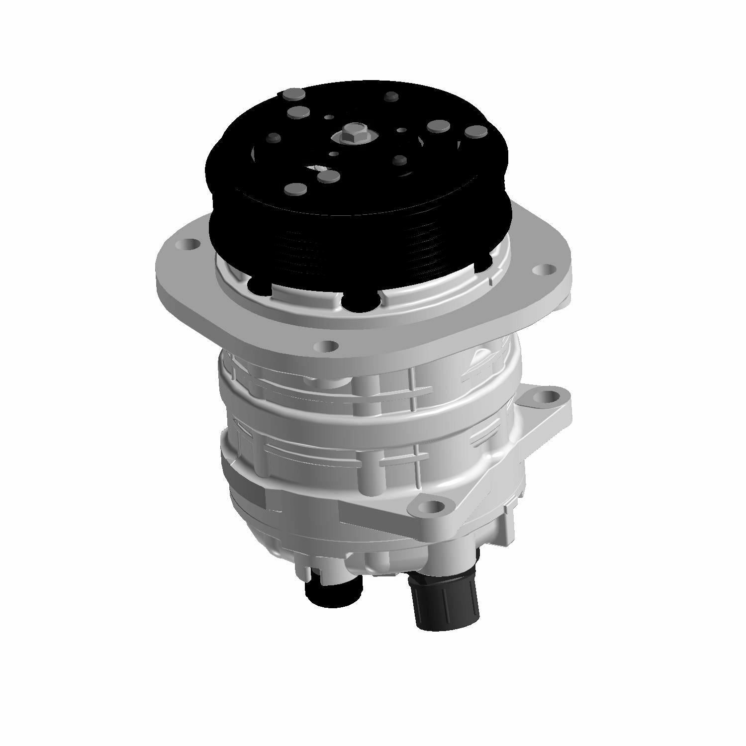 Silver and black metal HVAC compressor with cylindrical body and mounting flange.